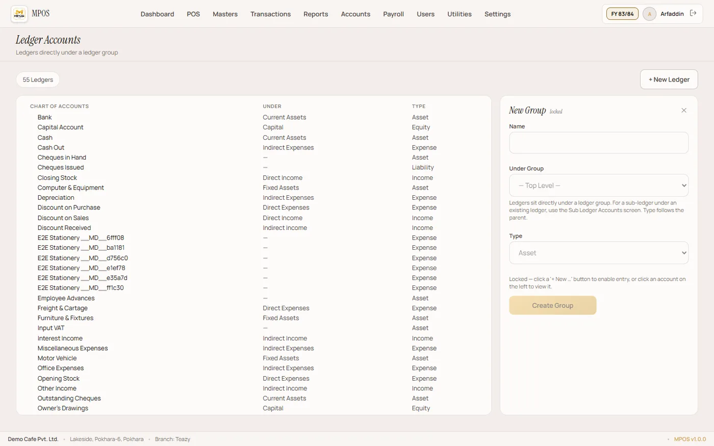 MasterPOS Accounts & ledger screen