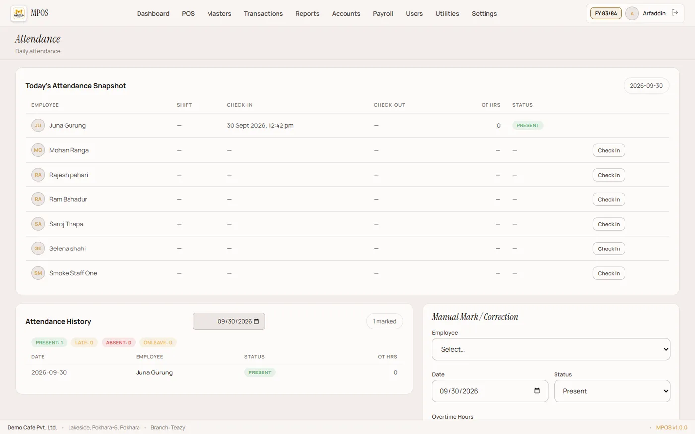 MPOS HR & Payroll — Daily attendance